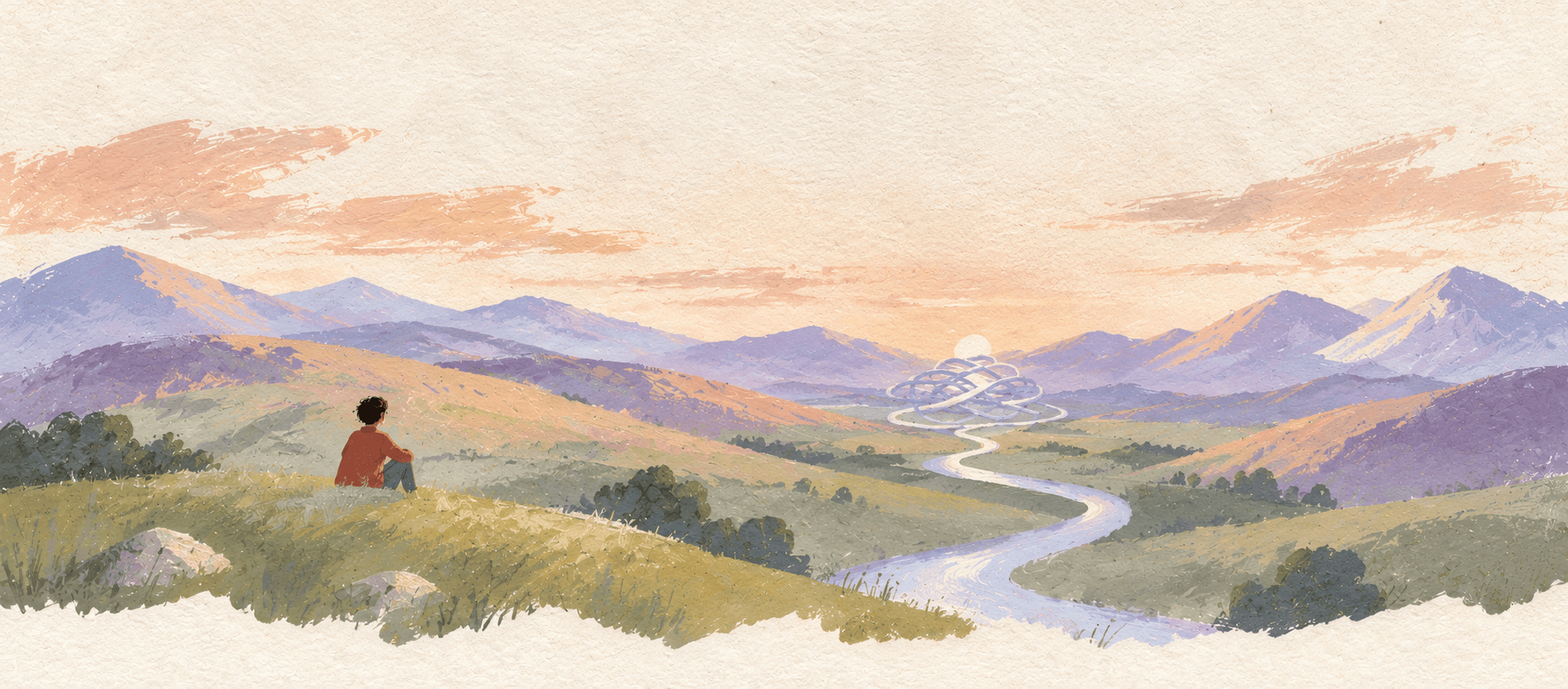 A painted landscape at sunrise. A person sits on a grassy hill looking toward a river that unwinds from a tangled knot in the distance.